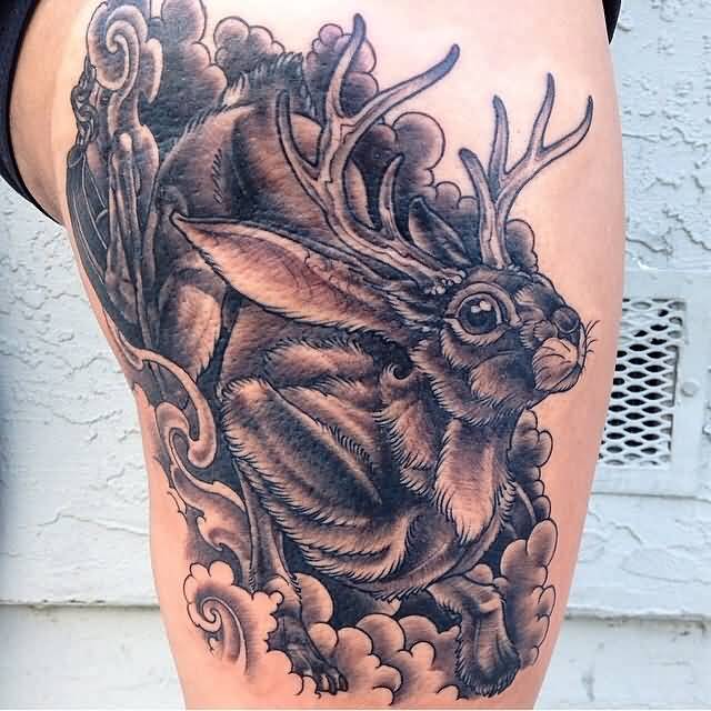 Black And Grey Jackalope Tattoo On Side Thigh