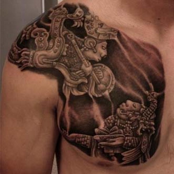 Black And Grey Mayan Tattoo On Front Shoulder