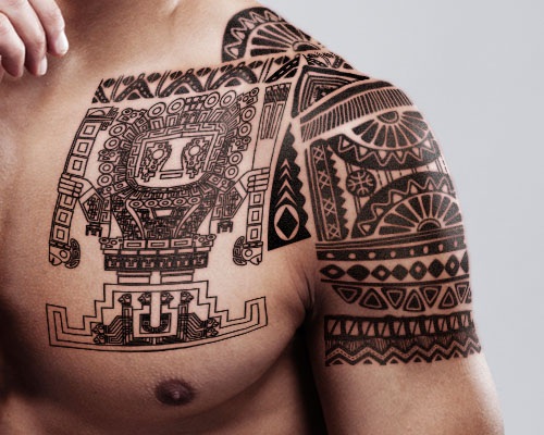 Black And Grey Mayan Tattoo On Left Shoulder