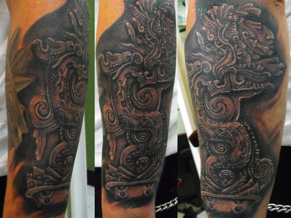 Black And Grey Mayan Tattoo On Left Sleeve
