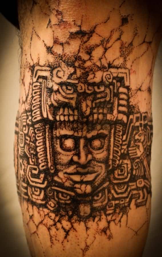 Black And Grey Mayan Tattoo On Leg