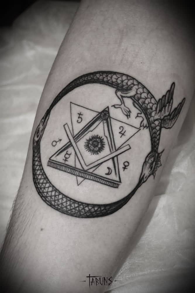Black And Grey Ouroboros Tattoo On Forearm