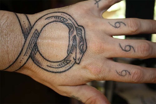 Black And Grey Ouroboros Tattoo on Left Hand