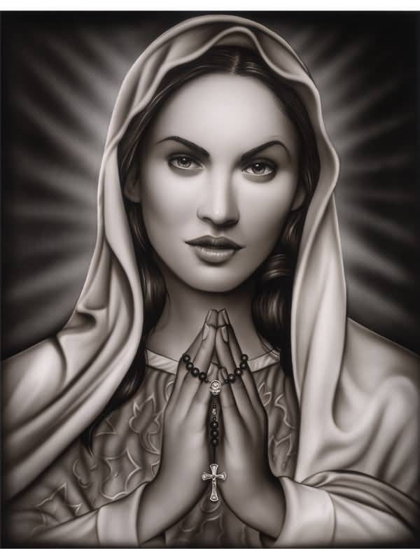 Black And Grey Praying Virgin Mary Tattoo Design.