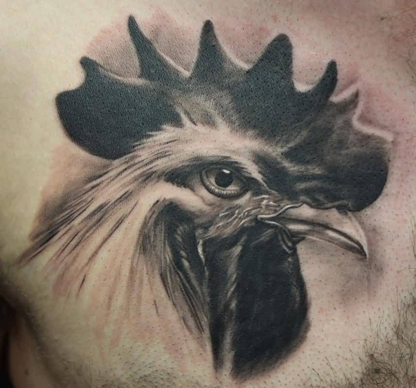 Black And Grey Realistic Rooster Tattoo On Man Chest