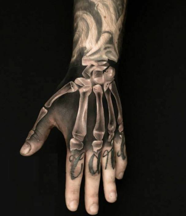Black And Grey Skeleton Hand Tattoo