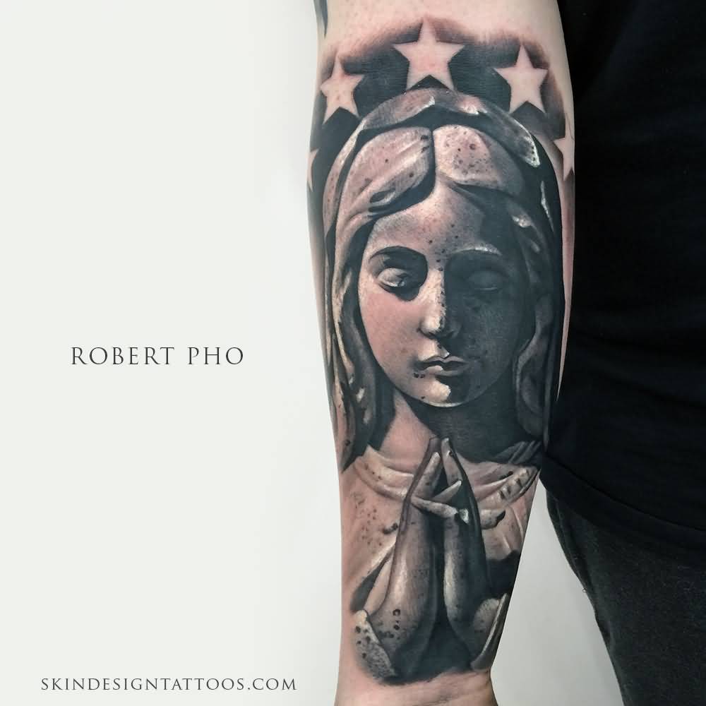 Black And Grey Virgin Mary Tattoo On Right Forearm For Men