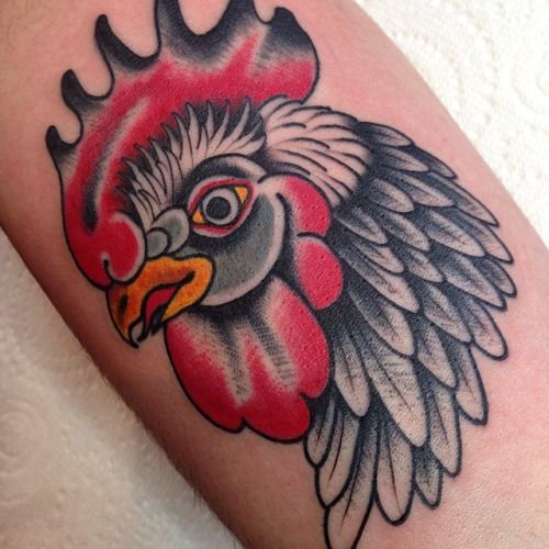Black And Red Rooster Tattoo