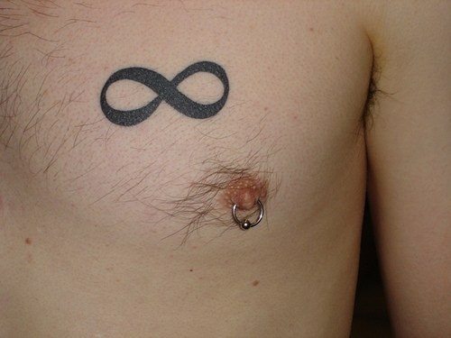 Black Infinity Tattoo On Man Chest