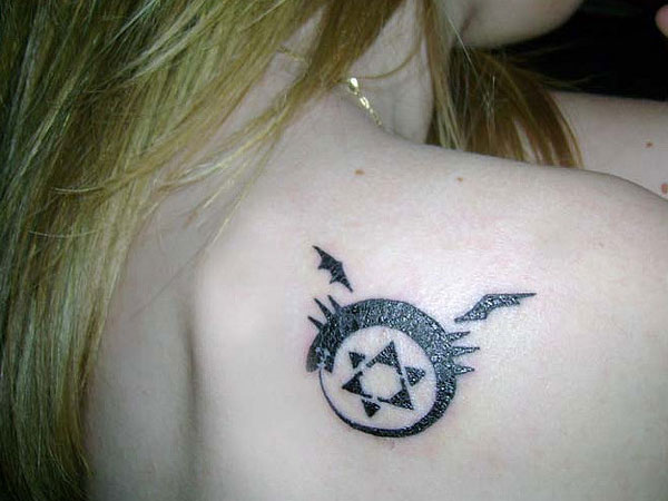 Black Ouroboros Tattoo On Girl Right Back Shoulder