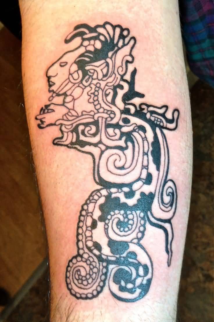 Black Outline Mayan Tattoo On Forearm