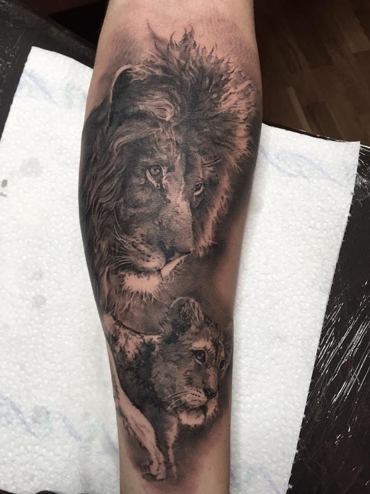 Black and Grey Lion And Lioness Tattoos On Forearm by Razvan