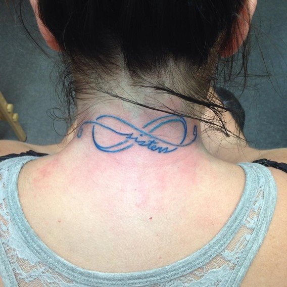 Blue Ink Infinity Sister Tattoo On Nape