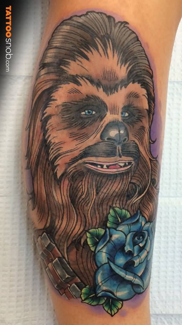Blue Rose Chewbacca Tattoo On Leg