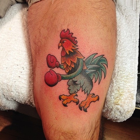 Boxer Rooster Tattoo On Leg