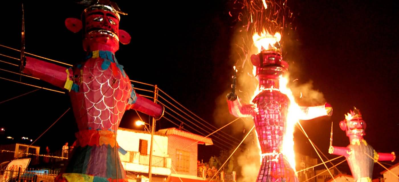 Burning Statues Of Ravan, Kumbhkaran And Meghnath During Dussehra Celebrations