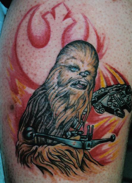 Color Chewbacca Tattoo On Leg by Dreekzilla