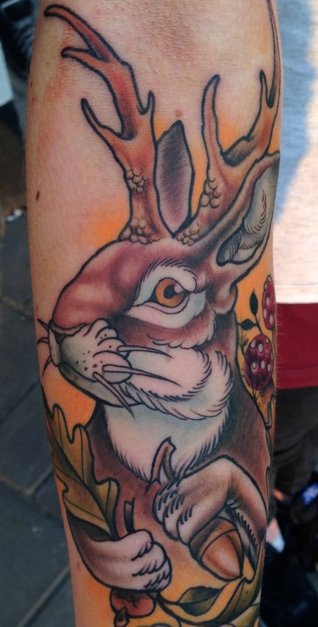 Color Ink Jackalope Tattoo On Sleeve By Willemxsm