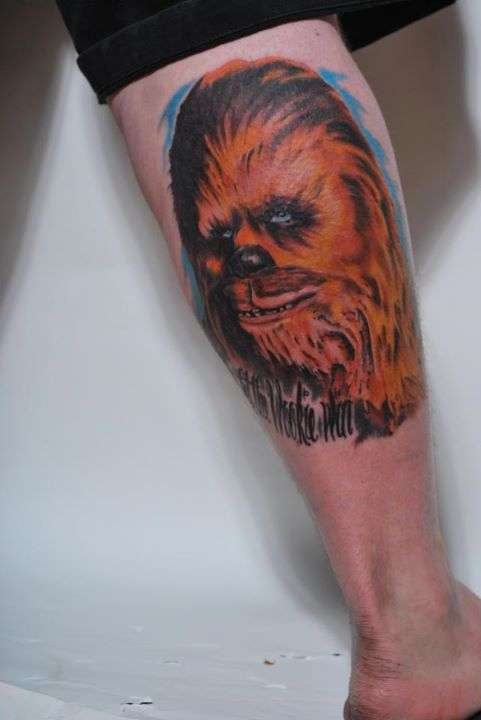 Color Ink Leg Calf Chewbacca Tattoo