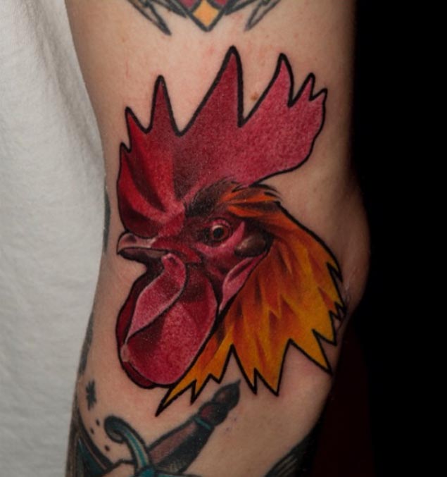 Color Ink Rooster Head Tattoo On Left Arm