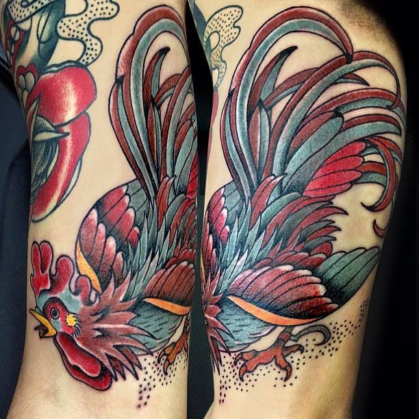 Color Ink Rooster Tattoo On Left Bicep