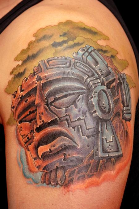 Color Mayan Tattoo On Left Shoulder