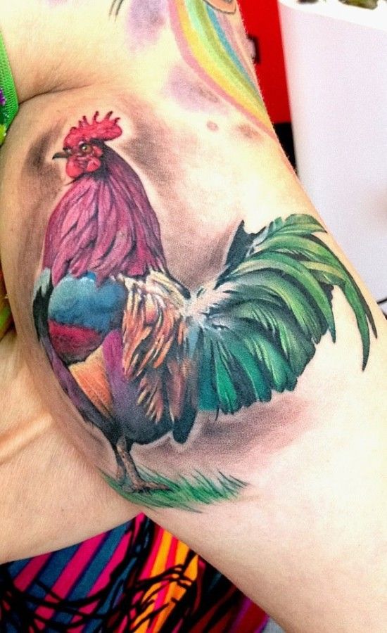Color Rooster Tattoo On Inner Bicep