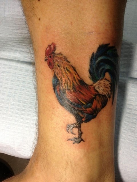 Color Rooster Tattoo On Side Leg