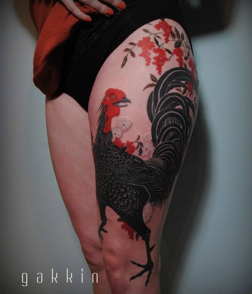 Color Rooster Tattoo On Side Thigh
