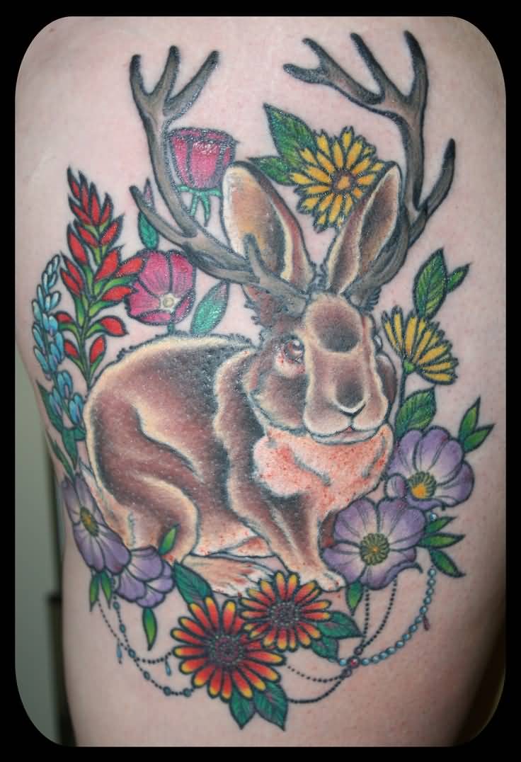 Colored Flowers And Jackalope Tattoo