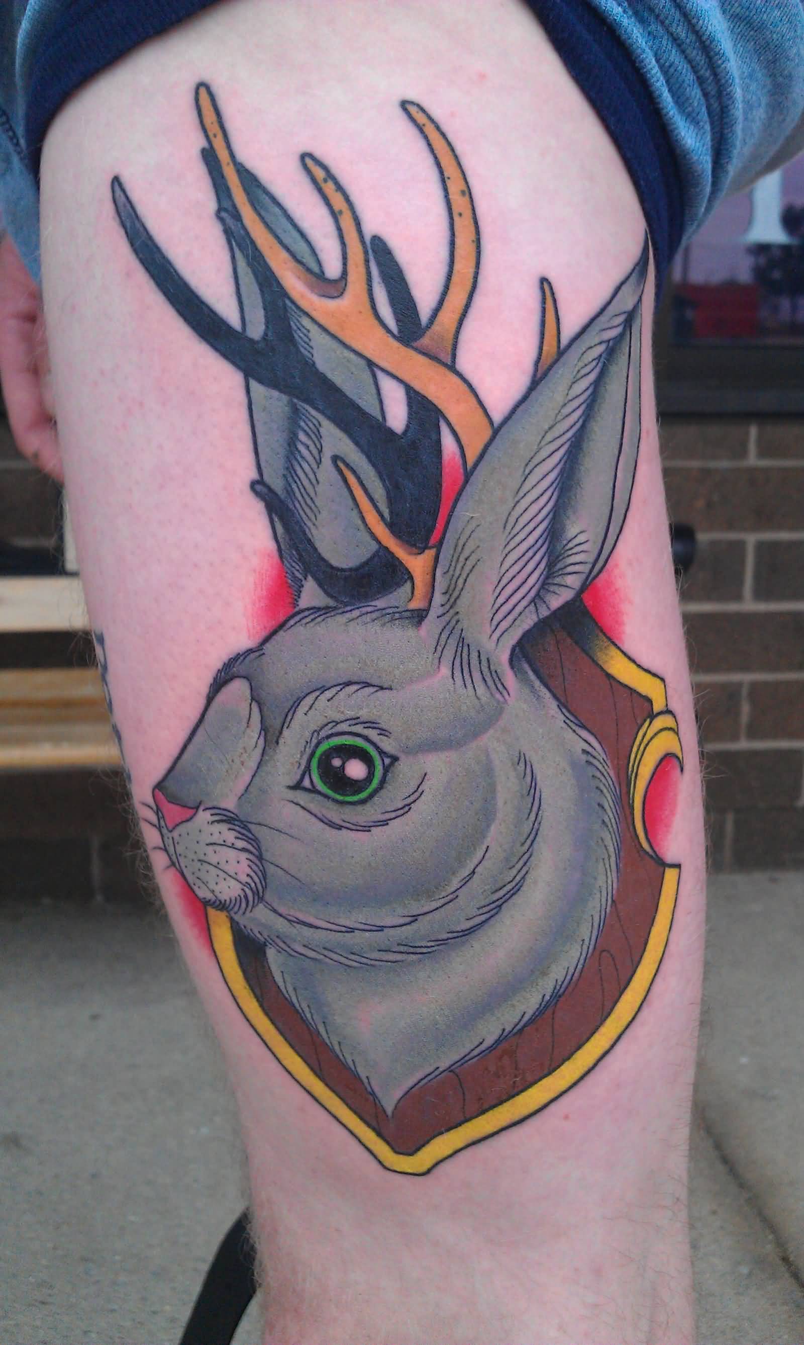 Colored Jackalope Tattoo On Side Thigh