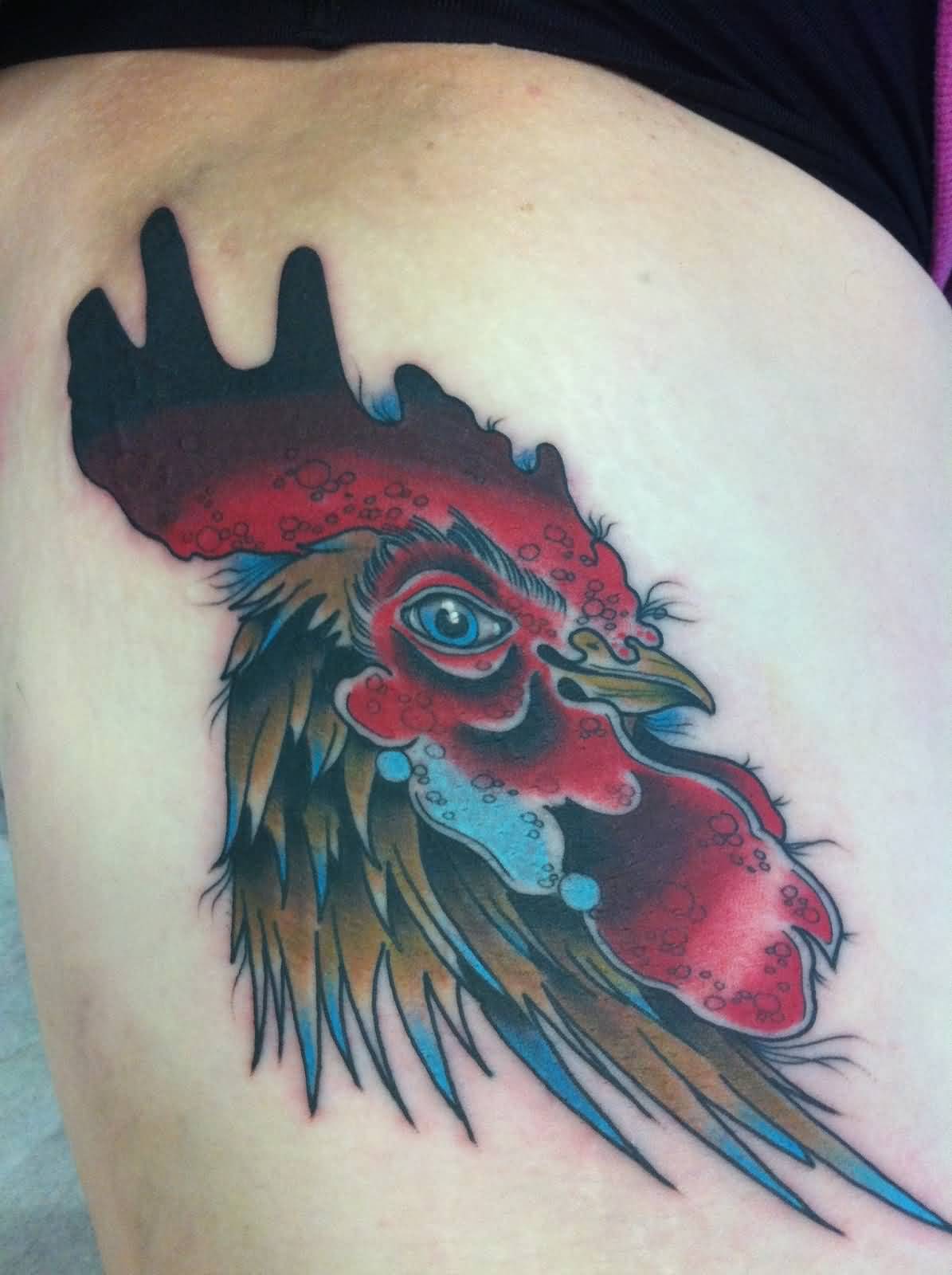 Colored Rooster Head Tattoo