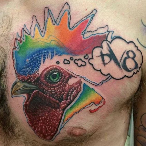 Colored Rooster Tattoo On Chest For Men
