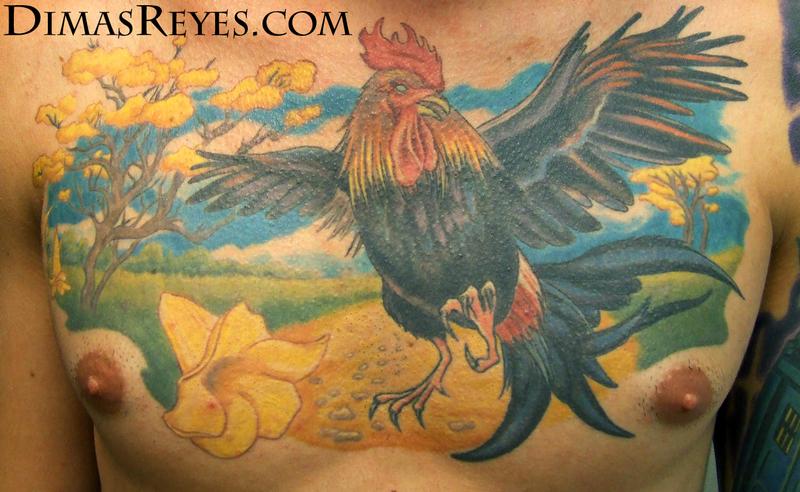 Colored Rooster Tattoo On Chest