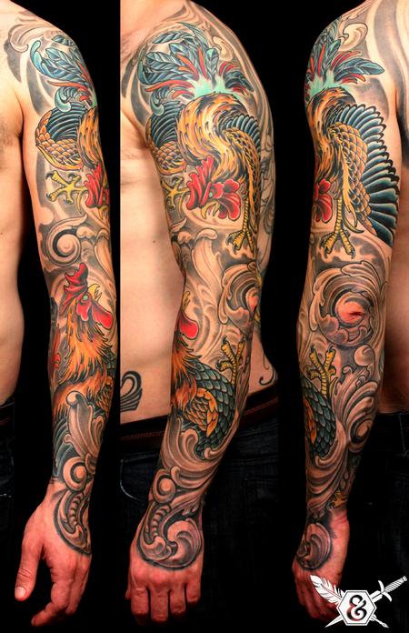 Colored Rooster Tattoo On Full Sleeve