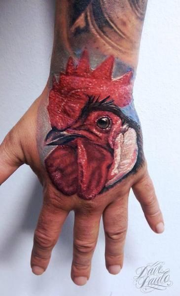 Colored Rooster Tattoo On Left Hand