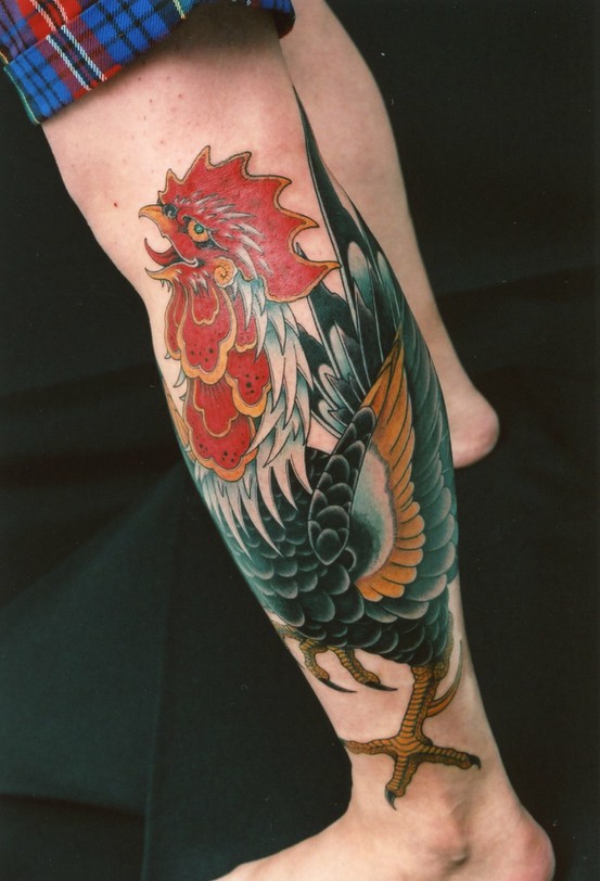 Colored Rooster Tattoo On Left Leg For Men