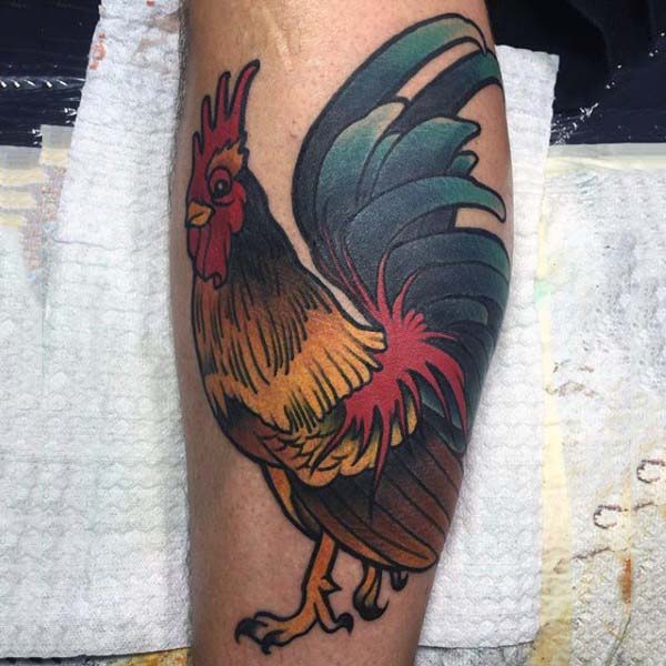 Colored Rooster Tattoo On Leg Calf