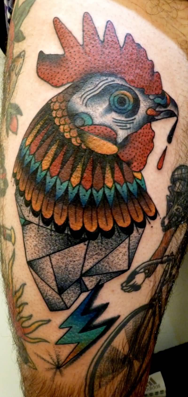 Colored Rooster Tattoo On Leg For Guys