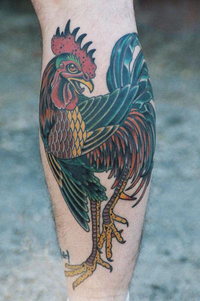 Colored Rooster Tattoo On Leg