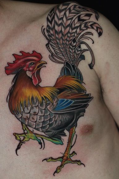 Colored Rooster Tattoo On Man Chest