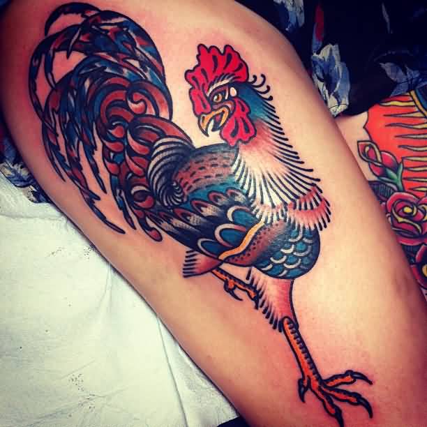 Colored Rooster Tattoo On Right Thigh