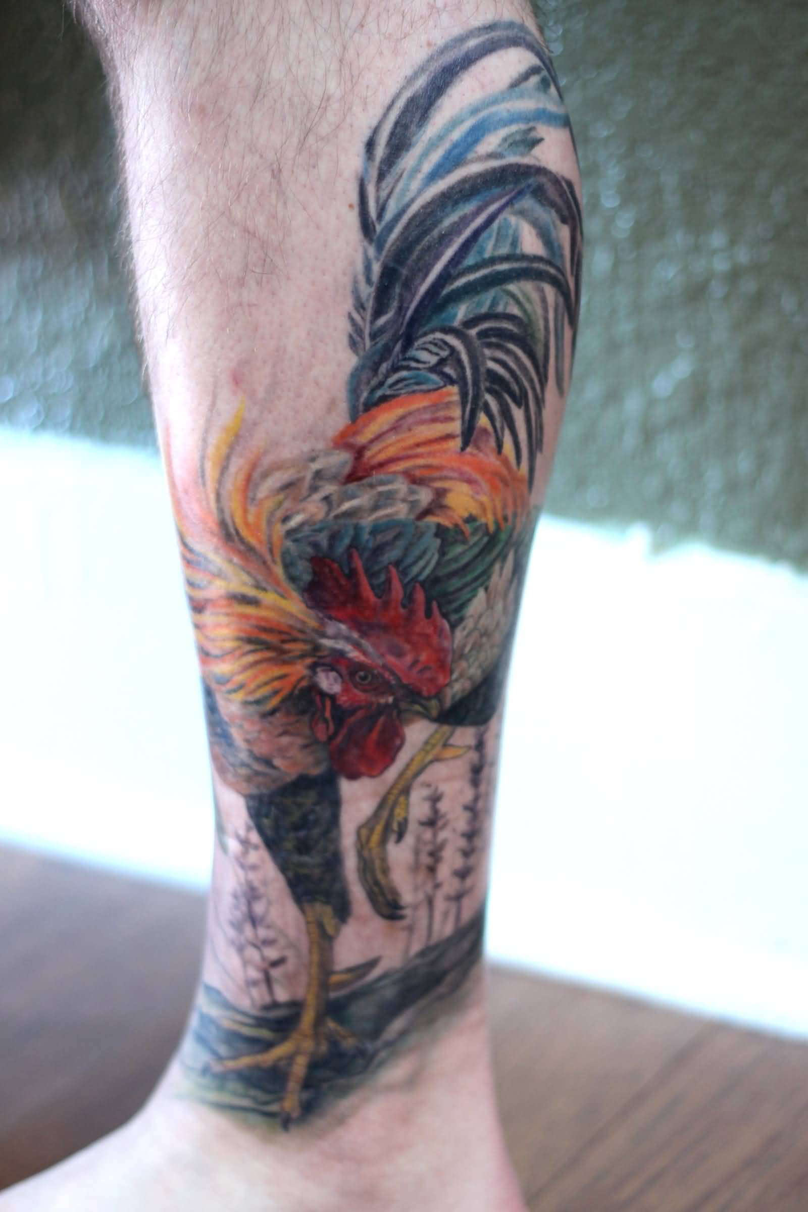 Colored Rooster Tattoo On Side Leg