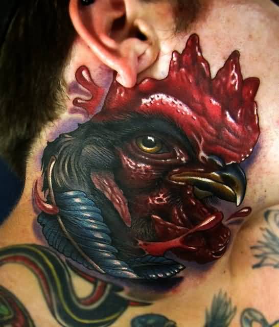Colored Rooster Tattoo On Side Neck