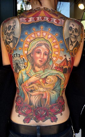 Colored Virgin Mary Tattoo On Full Back For Men