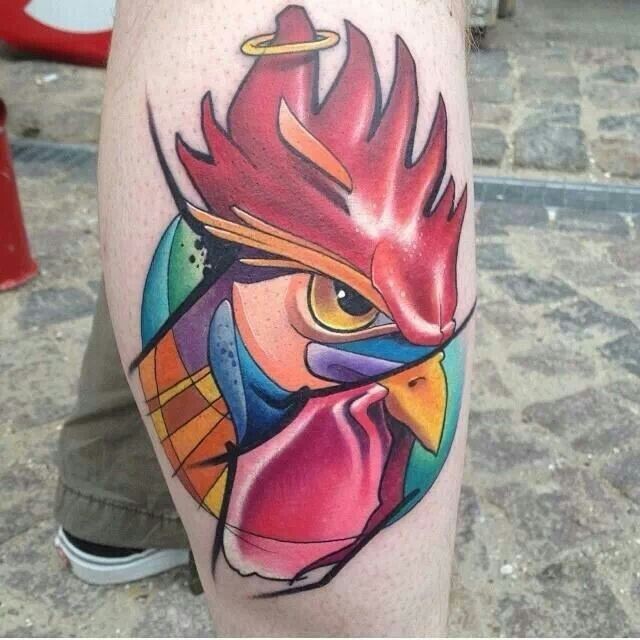 Colorful Cartoon Rooster Tattoo On Side Leg