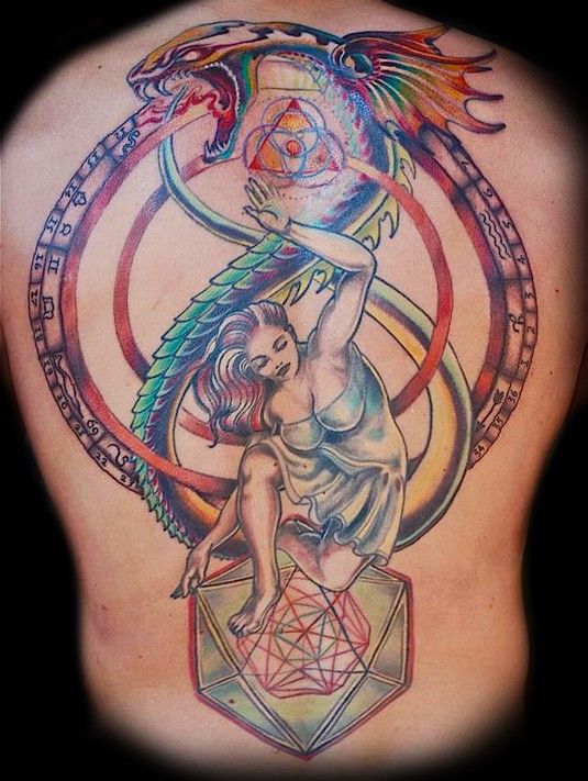 Colorful Ouroboros Tattoo Design On Back
