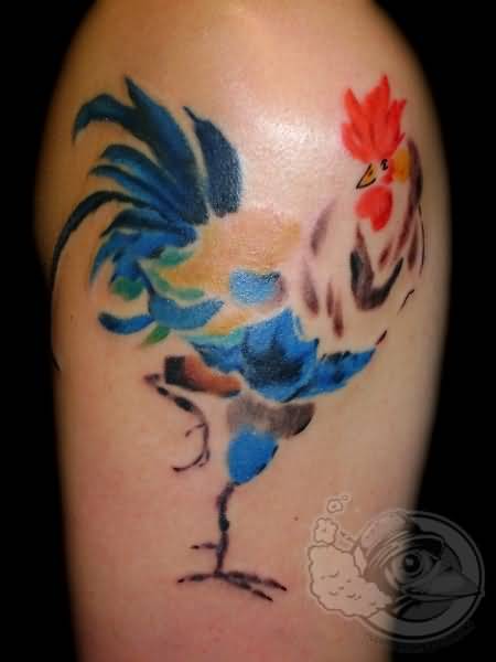 Colorful Rooster Tattoo Design On Shoulder