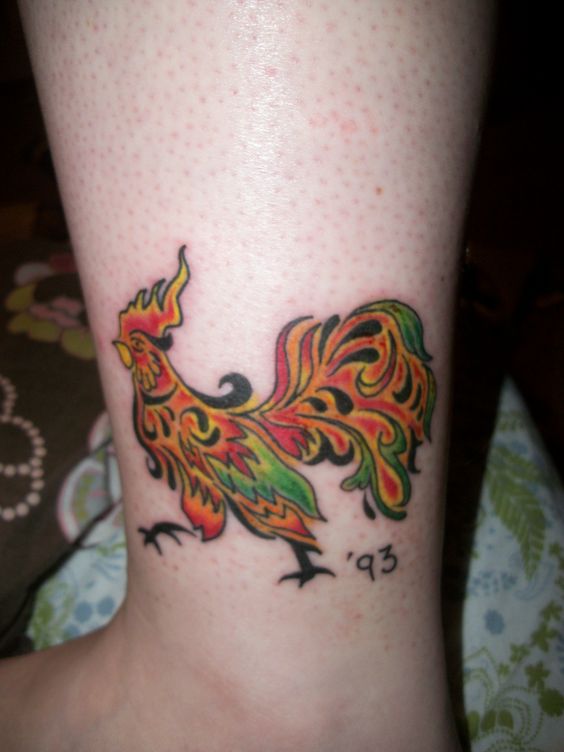 Colorful Rooster Tattoo On Leg