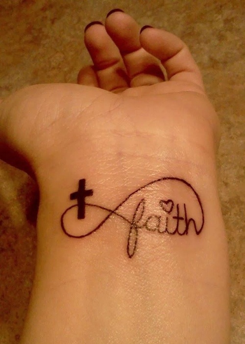Cross And Faith Infinity Tattoo On Girl Left Wrist